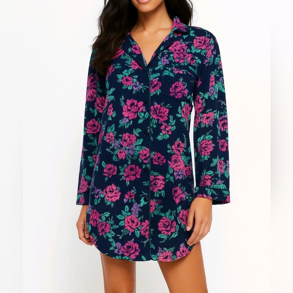 Laura Scott Sleepshirt Pajama 100% Cotton Blue Floral Long Sleeve Button Up Siz…